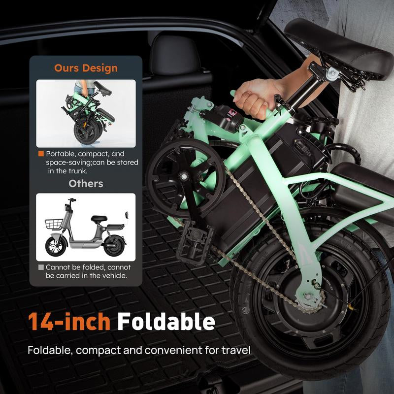 Green Folding Electric Bike-Powerful Motor, Fast Speed, 48V 350W 14-Inch Tires, Commuter-Friendly, Light Weight, Long-Lasting Battery Portable Electric Bike Folding,Electric Bike,14 Inch E-Bike,Lightweight Electric Bicycle,Compact E-Bike