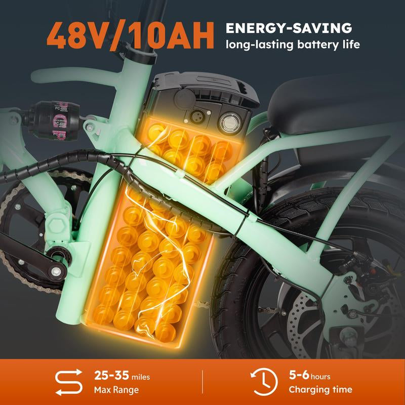 Green Folding Electric Bike-Powerful Motor, Fast Speed, 48V 350W 14-Inch Tires, Commuter-Friendly, Light Weight, Long-Lasting Battery Portable Electric Bike Folding,Electric Bike,14 Inch E-Bike,Lightweight Electric Bicycle,Compact E-Bike