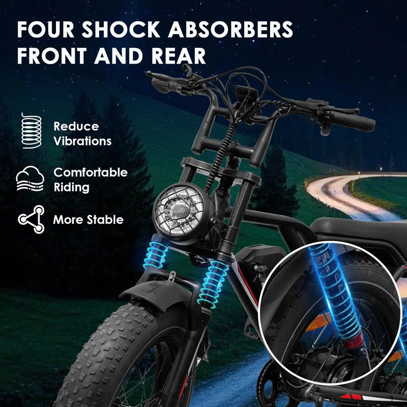 Electric Bike Adults Peak 1000W, 31MPH Electric Bicycle with 48V 17.5AH Battery, Electric Motorbike with 20" Fat Tires, Dual Disc Brakes & Full Suspension, UL Certified