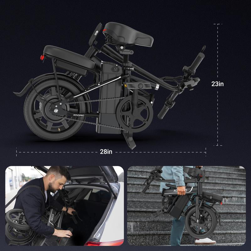 AOVOPRO EB60 Adult Electric Bike 500W-750W, 20MPH, 14-Inch Pneumatic Tires,22-40 Miles、 Dual Disc Brakes, Foldable, Two Seats