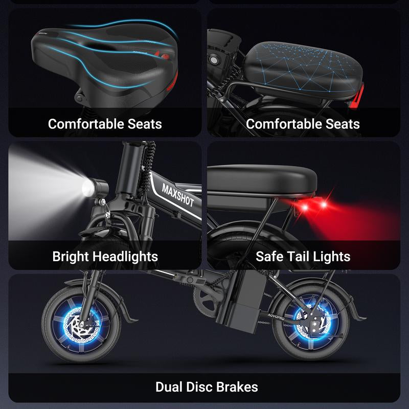 AOVOPRO EB60 Adult Electric Bike 500W-750W, 20MPH, 14-Inch Pneumatic Tires,22-40 Miles、 Dual Disc Brakes, Foldable, Two Seats