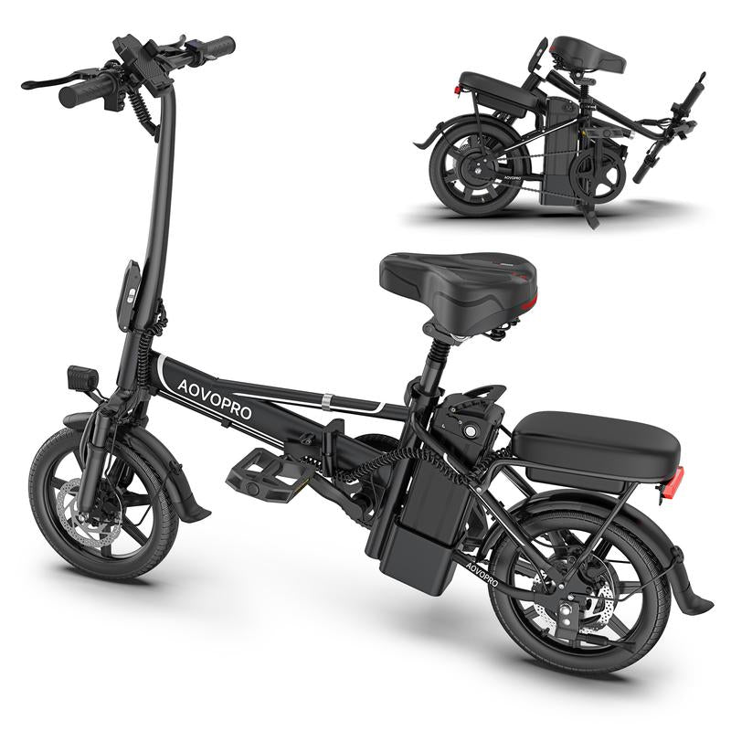 AOVOPRO EB60 Adult Electric Bike 500W-750W, 20MPH, 14-Inch Pneumatic Tires,22-40 Miles、 Dual Disc Brakes, Foldable, Two Seats