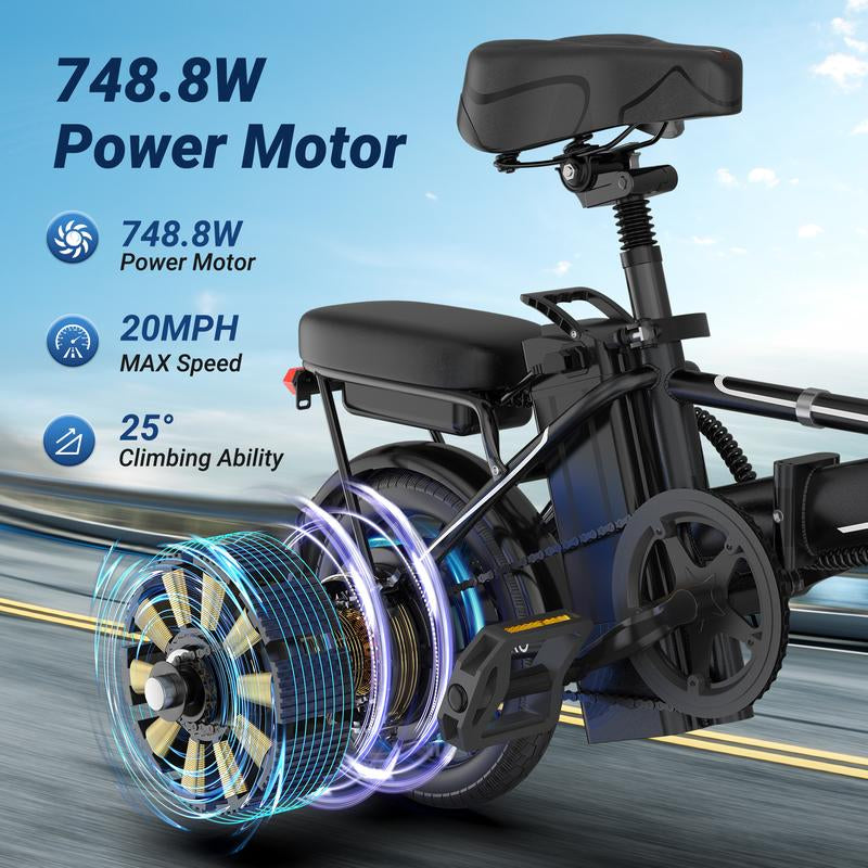 AOVOPRO EB60 Adult Electric Bike 500W-750W, 20MPH, 14-Inch Pneumatic Tires,22-40 Miles、 Dual Disc Brakes, Foldable, Two Seats