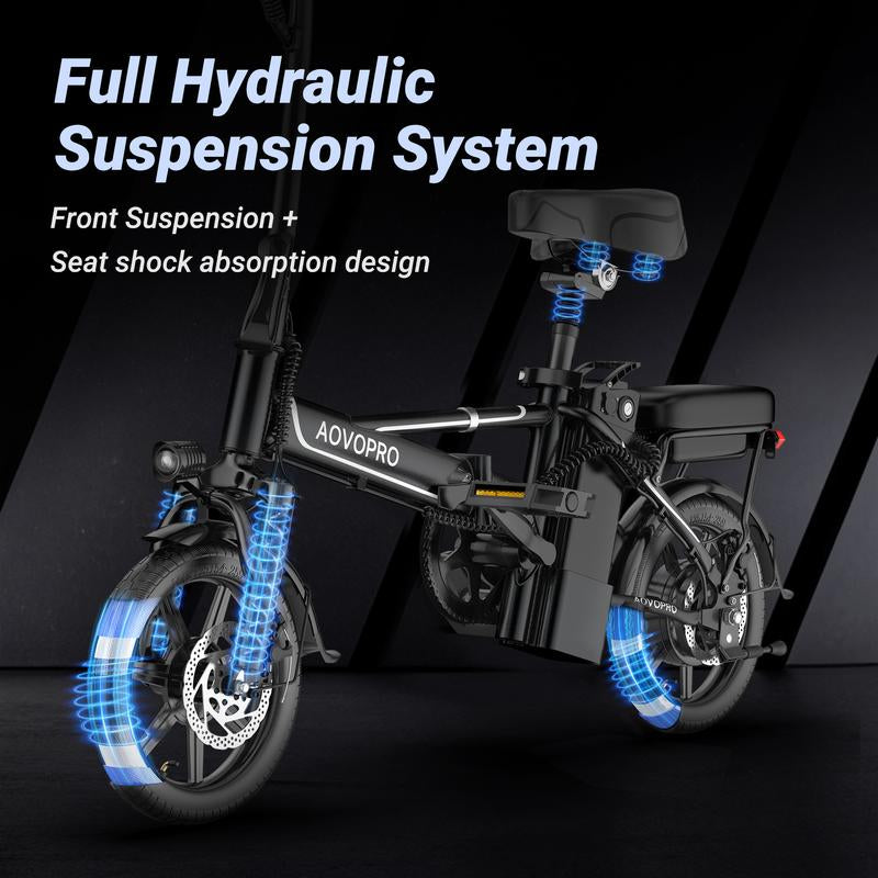 AOVOPRO EB60 Adult Electric Bike 500W-750W, 20MPH, 14-Inch Pneumatic Tires,22-40 Miles、 Dual Disc Brakes, Foldable, Two Seats
