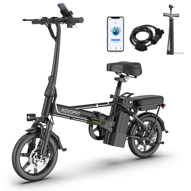 AOVOPRO EB60 Adult Electric Bike 500W-750W, 20MPH, 14-Inch Pneumatic Tires,22-40 Miles、 Dual Disc Brakes, Foldable, Two Seats