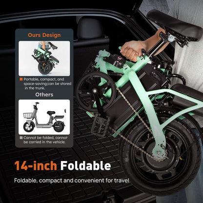 Green Folding Electric Bike-Powerful Motor, Fast Speed, 48V 350W 14-Inch Tires, Commuter-Friendly, Light Weight, Long-Lasting Battery Portable Electric Bike Folding,Electric Bike,14 Inch E-Bike,Lightweight Electric Bicycle,Compact E-Bike