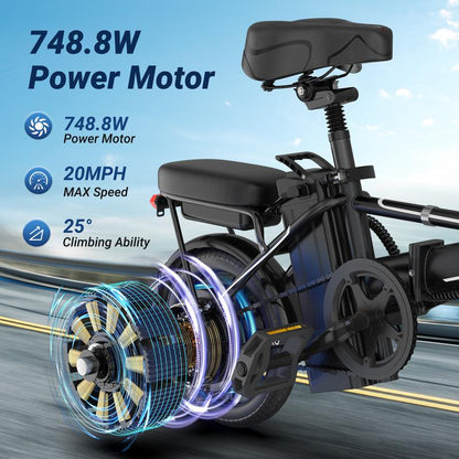 AOVOPRO EB60 Adult Electric Bike 500W-750W, 20MPH, 14-Inch Pneumatic Tires,22-40 Miles、 Dual Disc Brakes, Foldable, Two Seats