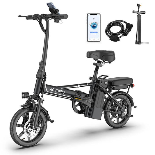 AOVOPRO EB60 Adult Electric Bike 500W-750W, 20MPH, 14-Inch Pneumatic Tires,22-40 Miles、 Dual Disc Brakes, Foldable, Two Seats